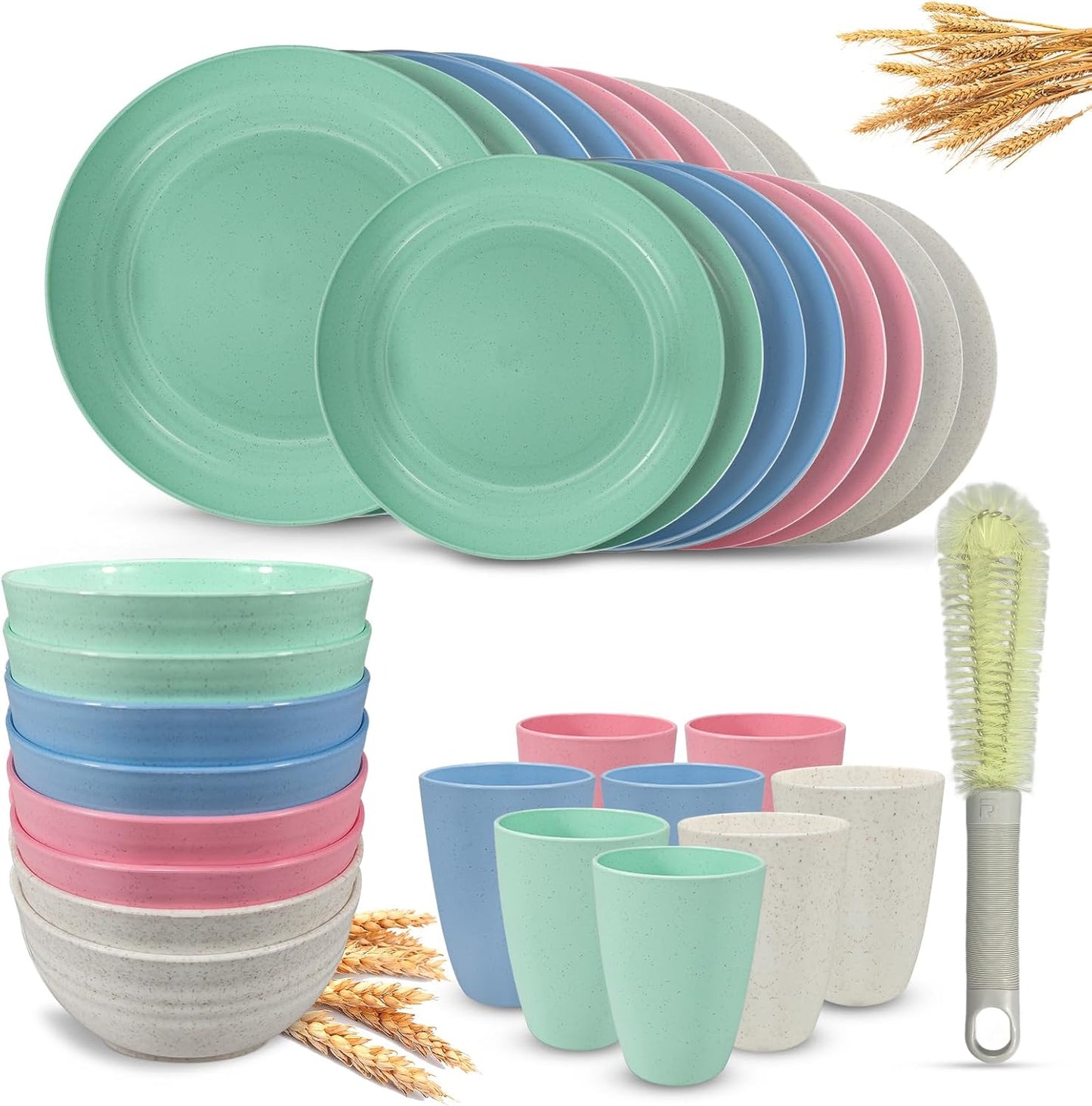 Kitchen Wheat Straw Dinnerware Sets (33pcs) Attached cleaning brush,Service For 8,Plastic Plates and Bowls Sets,Unbreakable Dinnerware,Lightweight Plastic Plate Set (Chroma)