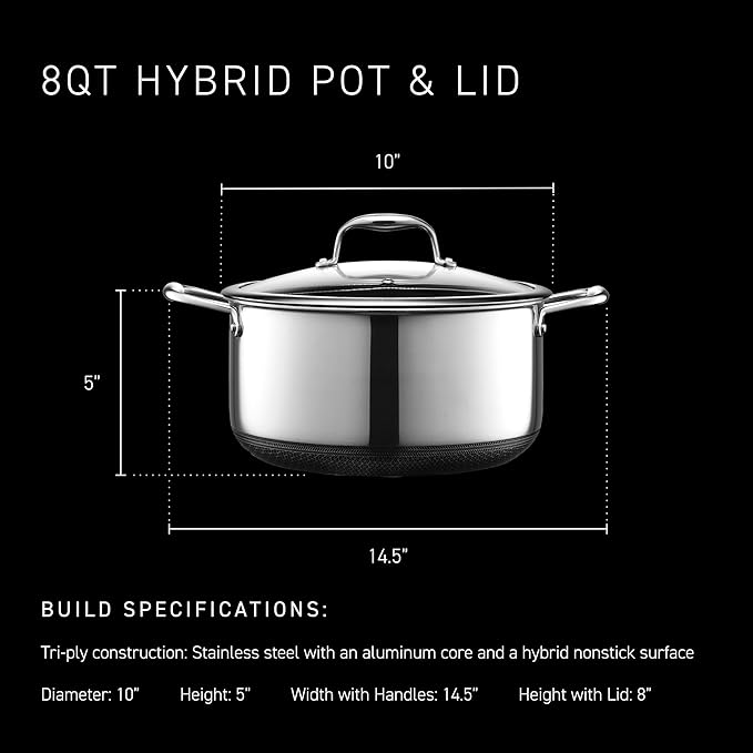 HexClad Hybrid Nonstick 8-Quart Stockpot with Tempered Glass Lid, Stay-Cool Handles, Dishwasher-Friendly, Oven-Safe Up to 900°F, Induction Ready, Compatible with All Cooktops