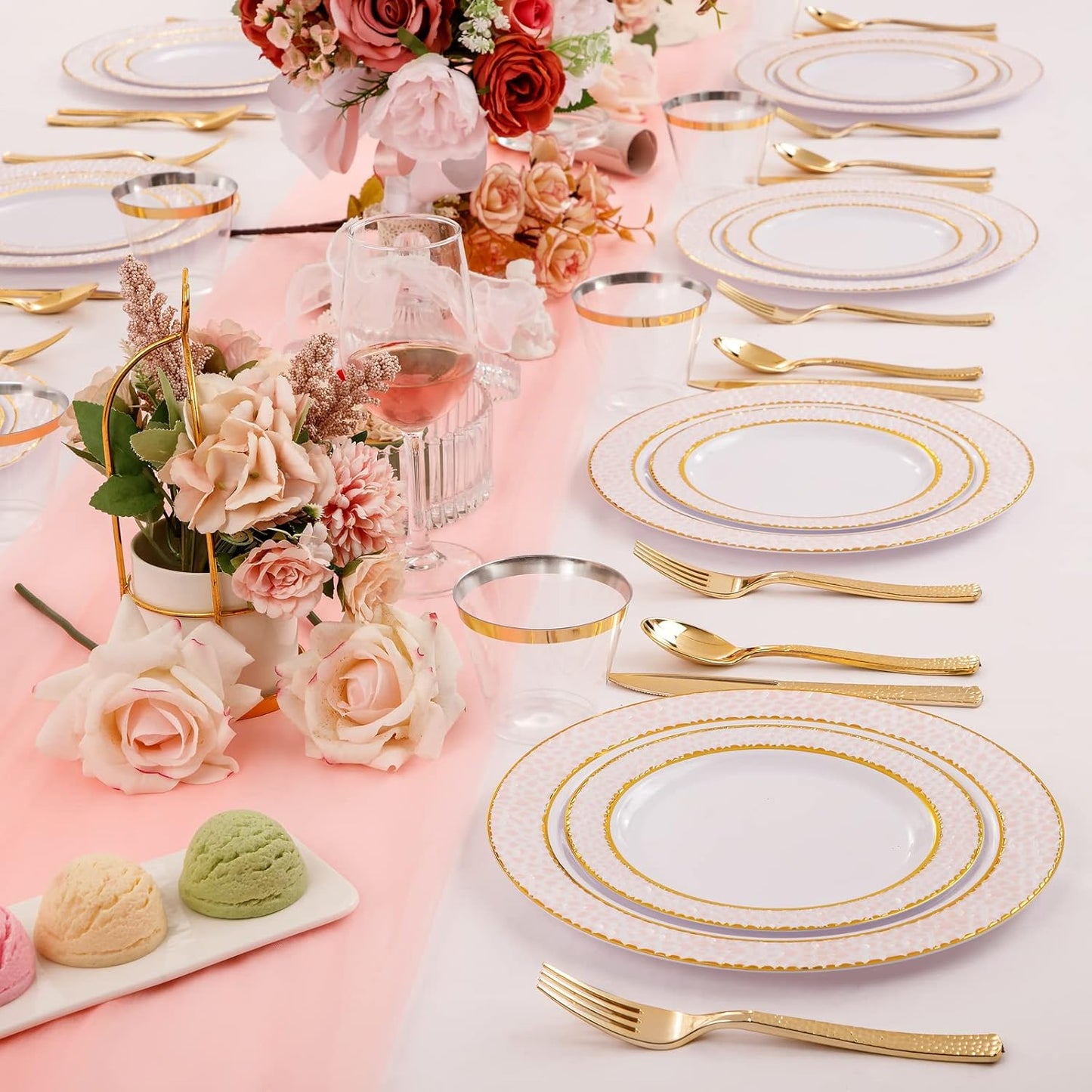 Ciaell 150PCS Pink Plastic Plates – Disposable Pink and Gold Plates Set include 50Plates, 25Forks, 25Knives, 25Spoons, 25Cups for Wedding & Party