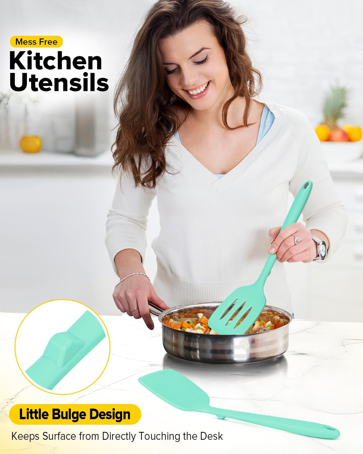 Pack of 2 Silicone Spatula Turners, Non Stick Slotted Kitchen Spatula Set, Heat Resistant BPA Free Kitchen Utensils, One-Piece Design, Suitable for Flipping Fish, Eggs, Steak, Pancakes (GREEN)