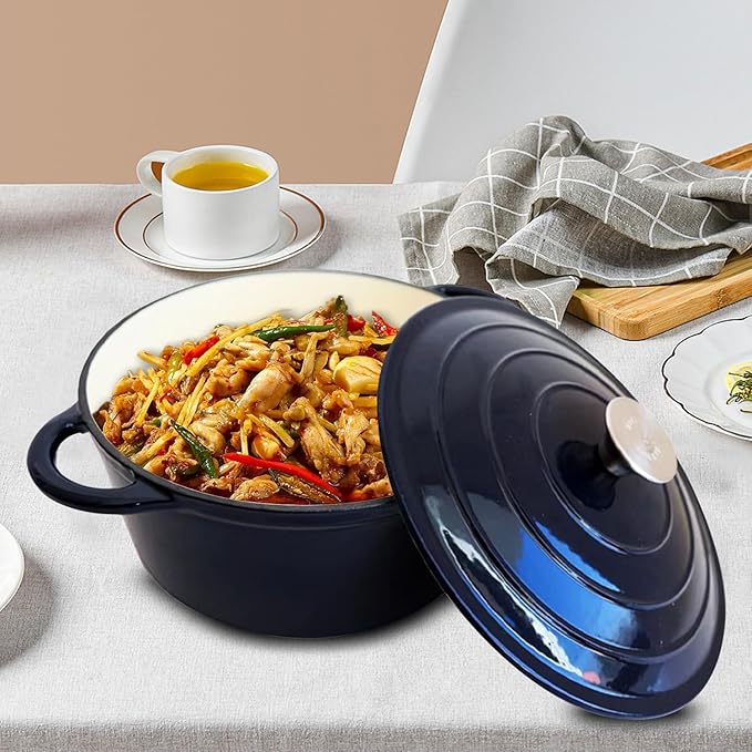 Vivicreate 5.3QT Cast Iron Dutch Oven with Lid, Enamel Coated, Round Casserole Pot for Oven & Stovetop, Durable Cookware for Baking, Roasting, Braising – Horno Holandés de Hierro Fundido con Esmalte, 5.3QT