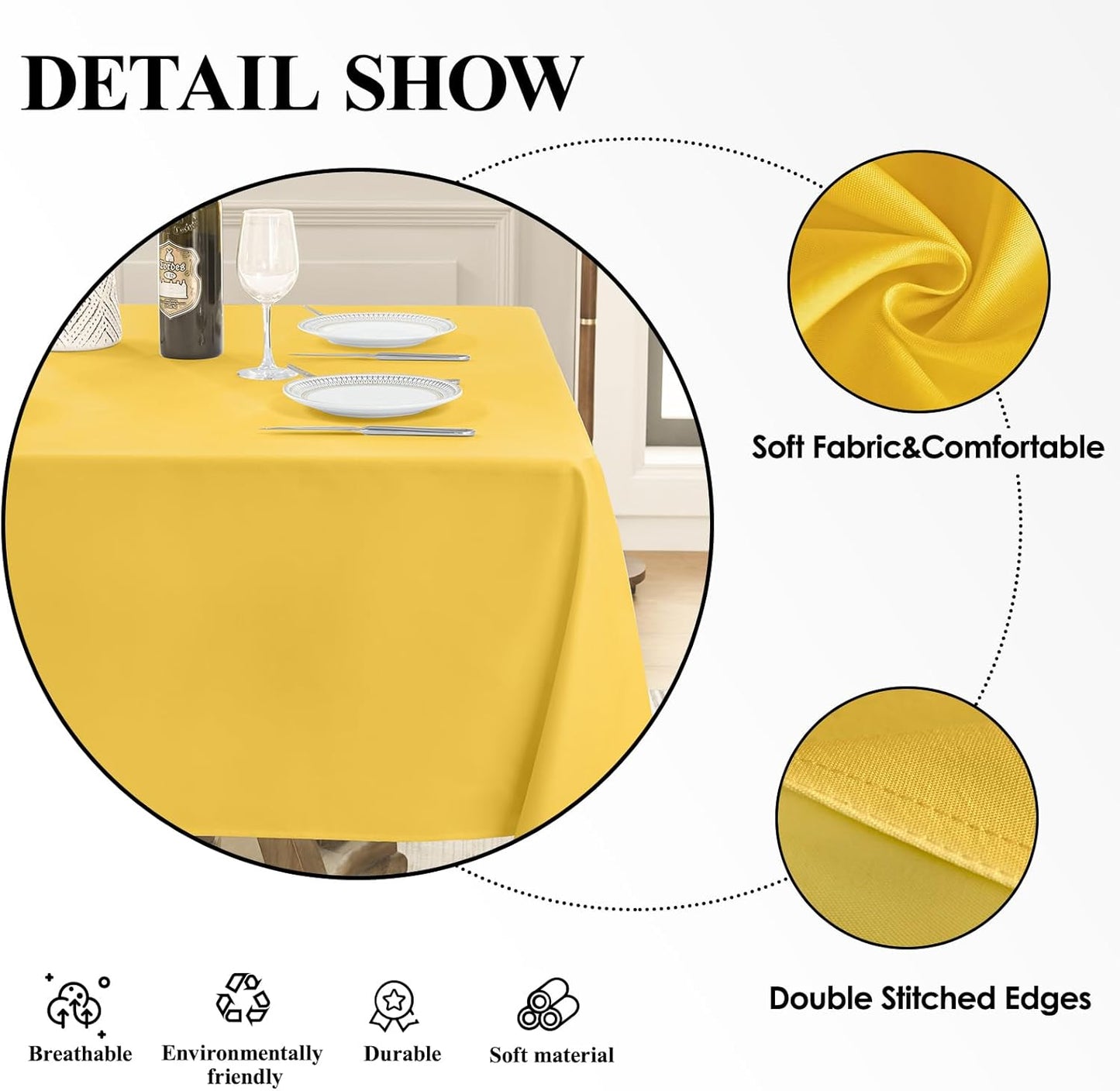 Square Tablecloth 52 x 52 Inch Yellow Tablecloths Stain-Wrinkle Resistant Washable Polyester Table Cloths for Holiday, Buffet Parties, and Weddinge 6pack