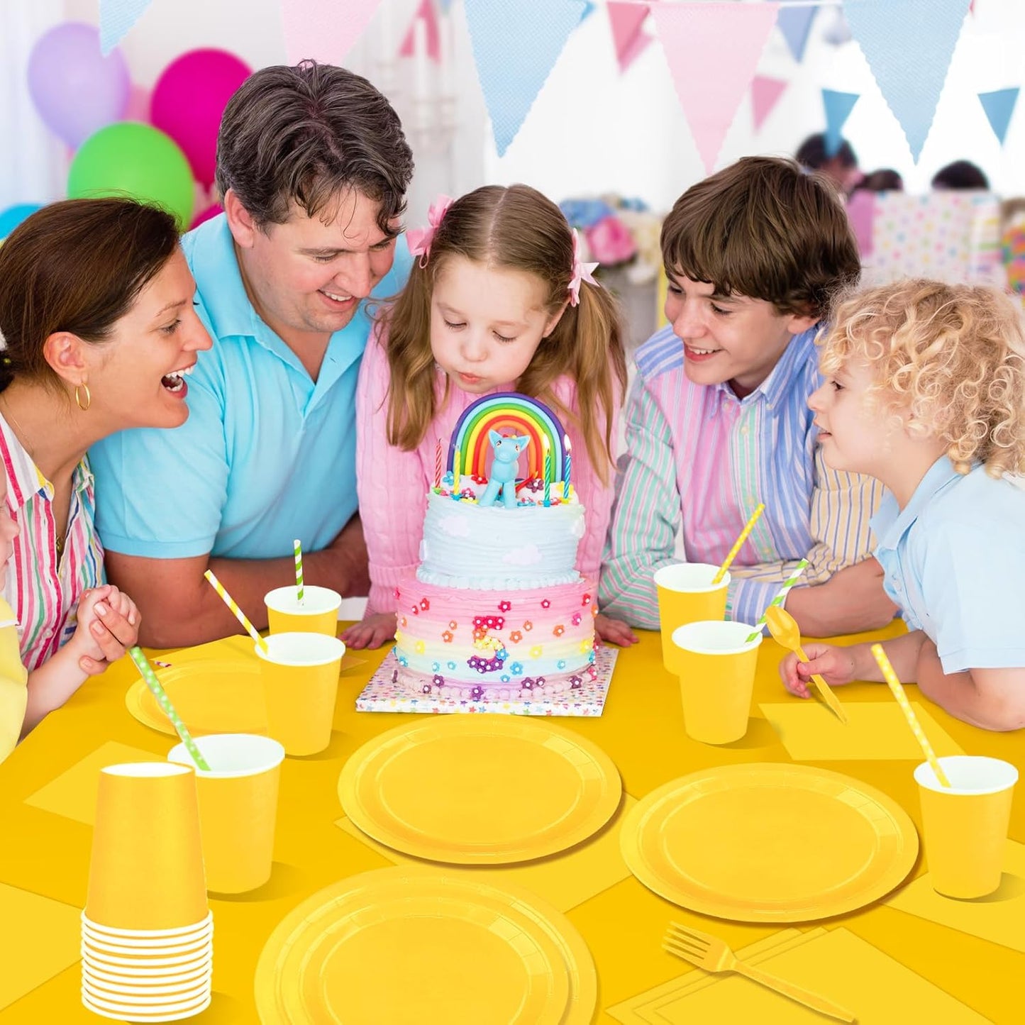 TWOWYHI 229PCS Yellow Party Supplies Set Paper Disposable Plates Cups Plastic Spoons Forks Knives Yellow Napkins for 30 Guests Disposable Party Dinnerware Sets for Wedding Birthday Parties