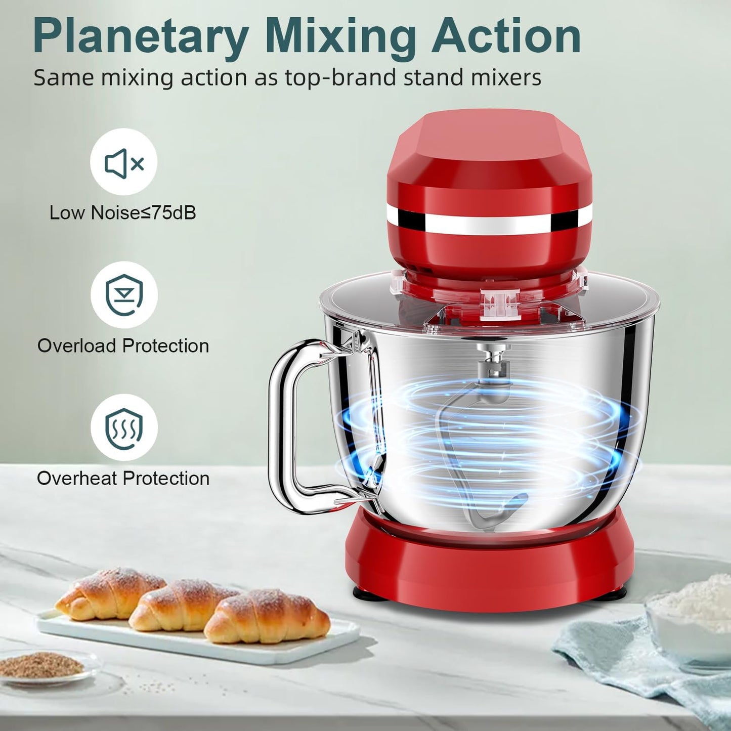 HOWORK Electric Stand Mixer,10+p Speeds With 6.5QT Stainless Steel Bowl,Dough Hook, Wire Whip & Beater,for Most Home Cooks,Bright Red