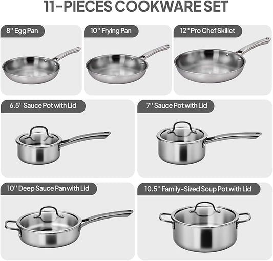 Bonnlo 11 Pieces Cookware Set, 3-Ply Stainless Steel Pots and Pans Set with Lids, Non-Toxic Kitchen Set, Oven & Dishwasher Safe, Induction Cooking Set, PFOA & PTFE Free (11 Pieces Set)
