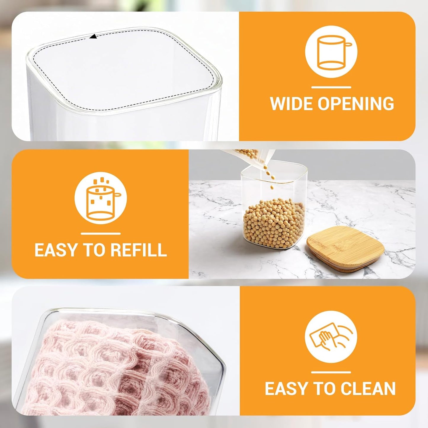 Square Glass Jars with Bamboo Lids, 2 Pack 29 Fl.oz Glass Canister with Lids, Clear Flour Sugar Storage Containers Food Jars for Tea, Coffee Bean, Cereal - Set Includes Labels, Marker and Spoon