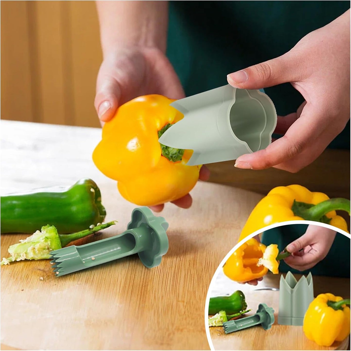 2-in-1 Pepper Corer and Jalapeno Corer Tool - Efficient Bell Peppers Core drill with Rotating Seed Remover Design, Easy to Clean Pepper Seed Core Remover for Sweet Peppers and Jalapenos