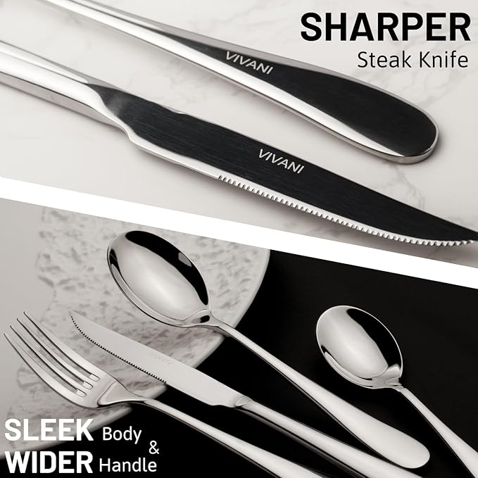 VIVANI 16 Piece Heavy Silverware Set, Forged Flatware Set with Steak Knives, Premium Stainless Steel Cutlery Set for 4, for Kitchen, Home, Wedding, Party, Mirror Polished and Dishwasher Safe