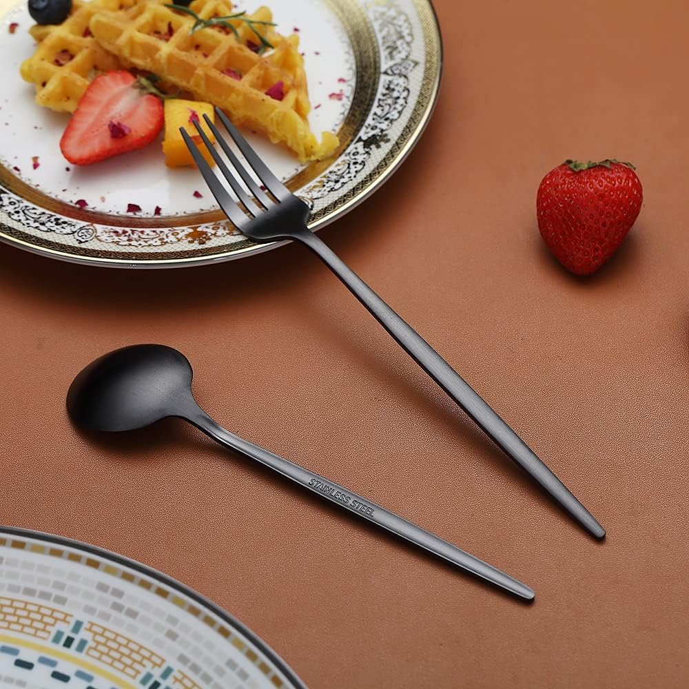 Matte Black Silverware Set 20 Pieces, Stainless Steel Flatware Set, Titanium Plating Cutlery Set, Matte Black Utensil Sets, Service Set for 4 (Matte Black)