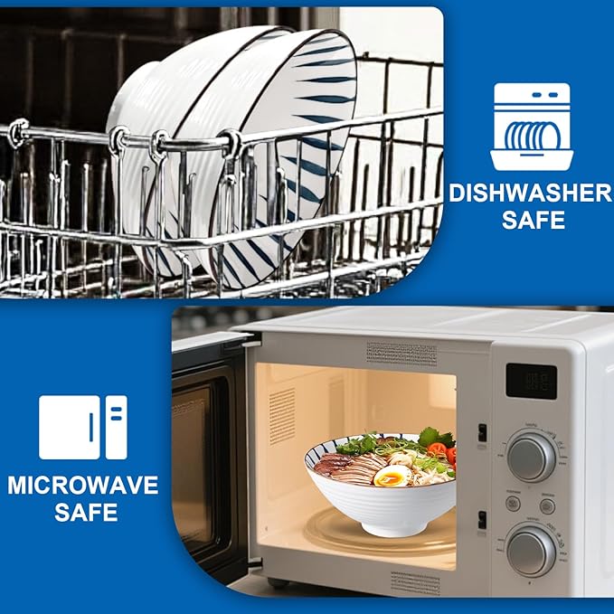 8-Inch Ceramic Ramen Bowl Set of 4 (17 Piece) - Porcelain Japanese Salad Noodles Cereal Fruit Pasta Soup Large Bowls with Recipes Chopsticks Forks Spoons for Men Women Gift Microwave Dishwasher Safe