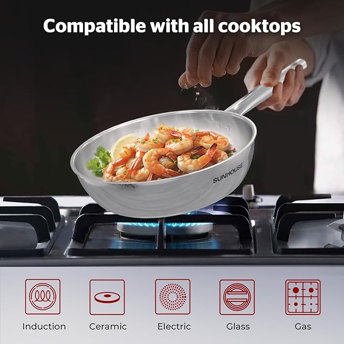 SUNHOUSE 11 Inch Tri-Ply Stainless Steel Frying Pan, Whole-Clad No Coatings Skillet with Stay-cool Handle for Cooking, Durable & Oven Safe to 500°F, Dishwasher Safe, Compatible with All Cooktops