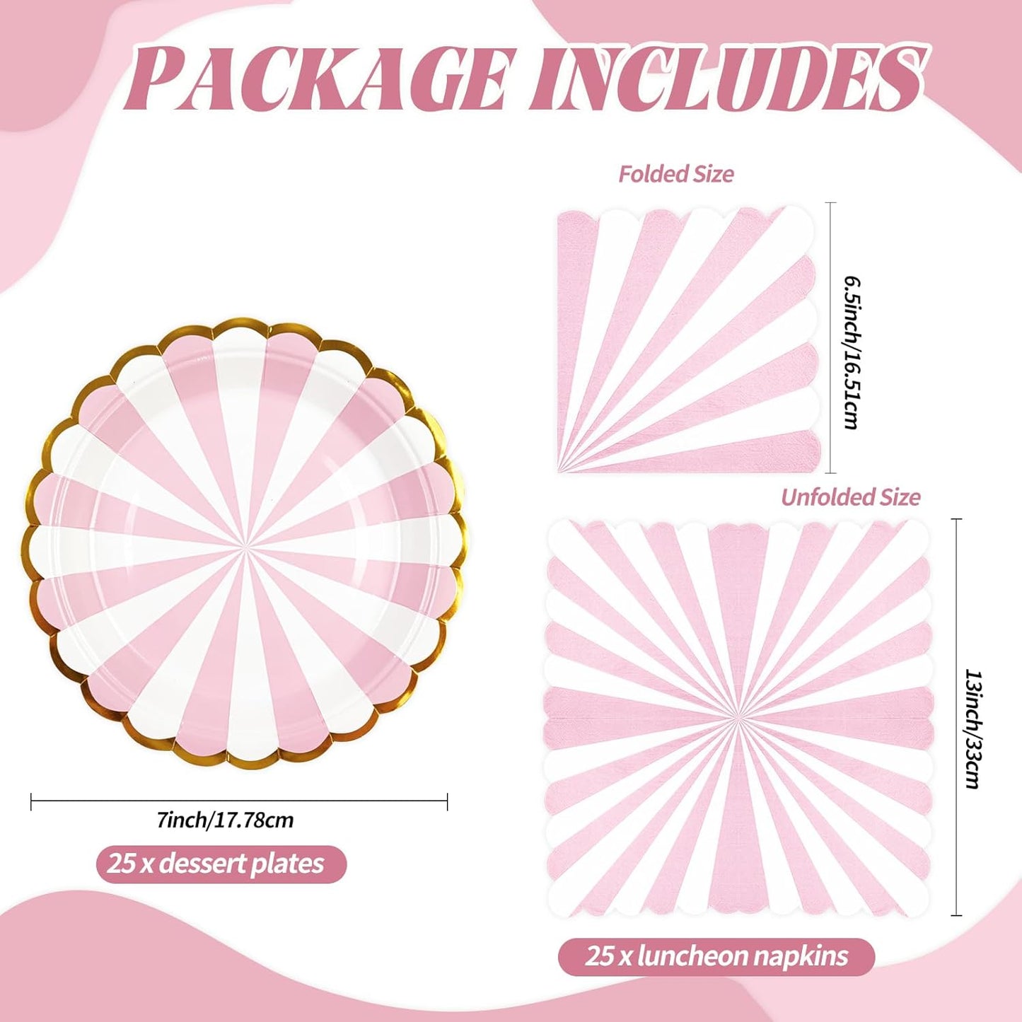 50PCS Pink Striped Paper Plates and Napkins Party Supplies, 7 inch Disposable Gold Foil Scalloped Dessert Plate Party Dinnerware Set for Birthday Wedding Bachelorette Baby/ Bridal Shower Decorations