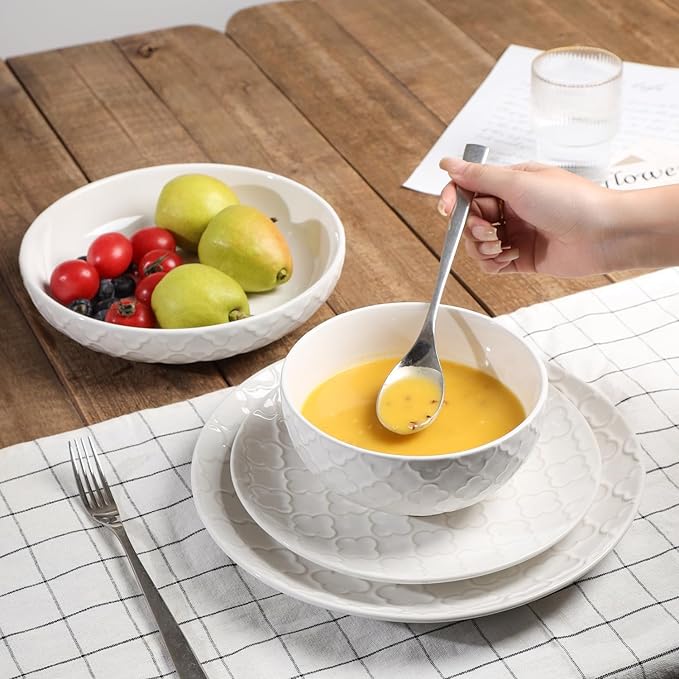 Sureasy 32 Pieces Dinnerware Sets for 8, Ceramic Plates and Bowls Sets, Embossed Scratch Resistant Dinner Set, Dishwasher & Microwave Safe, White