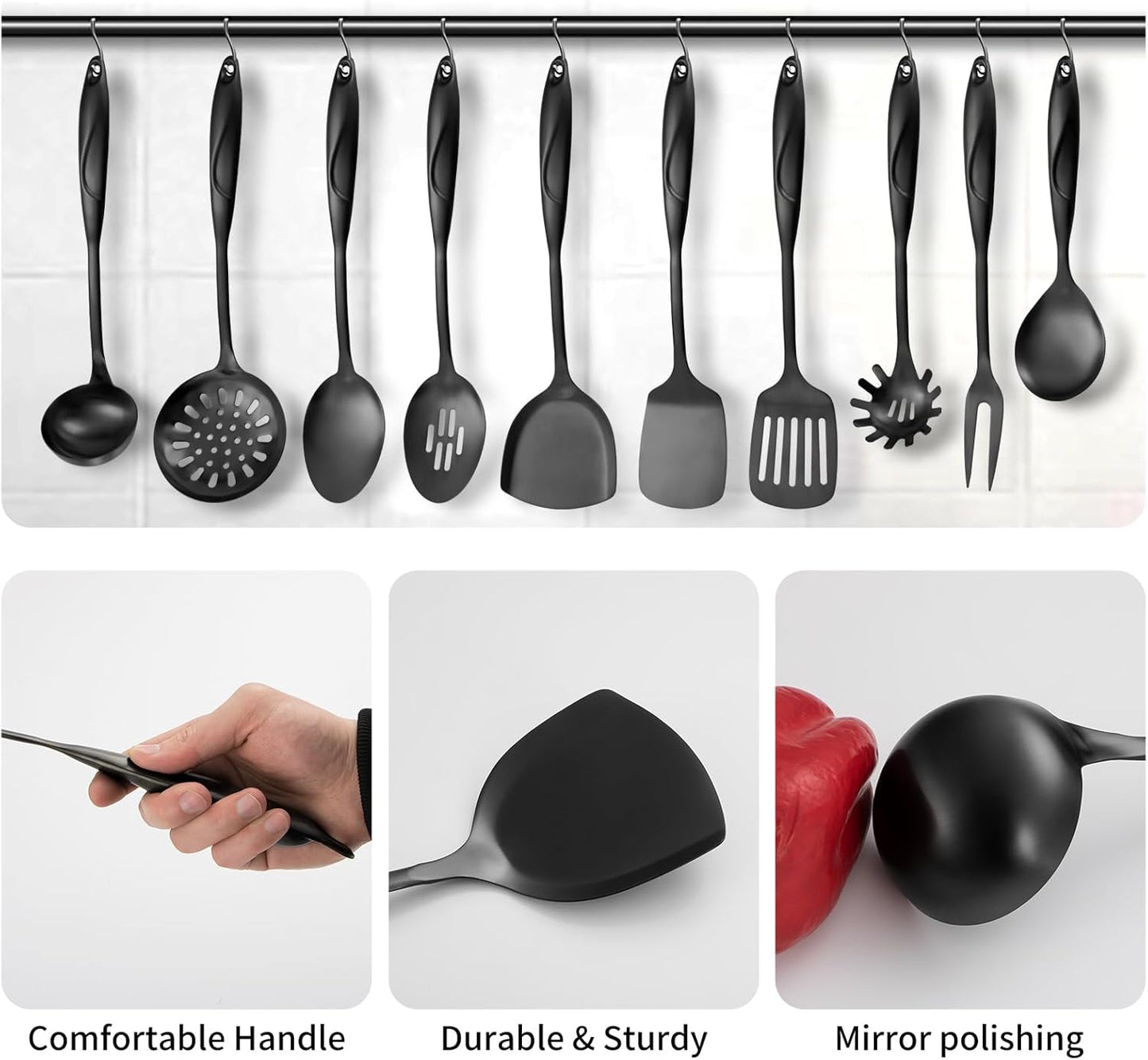 304 Stainlss Steel Kitchen Utensils Set, 10 Pcs Metal Cooking Utensil, Matte Kitchen Gadget Cookware and Kitchen Tool Set, Dishwasher Safe(Black)