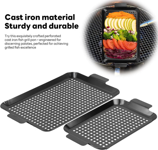 Grill pan, 2 Grilling Tray - Outdoor Grilling Baskets with Hole, 3.0 pounds Good BBQ Grill Set for Camping Vegetable Meat (Black)