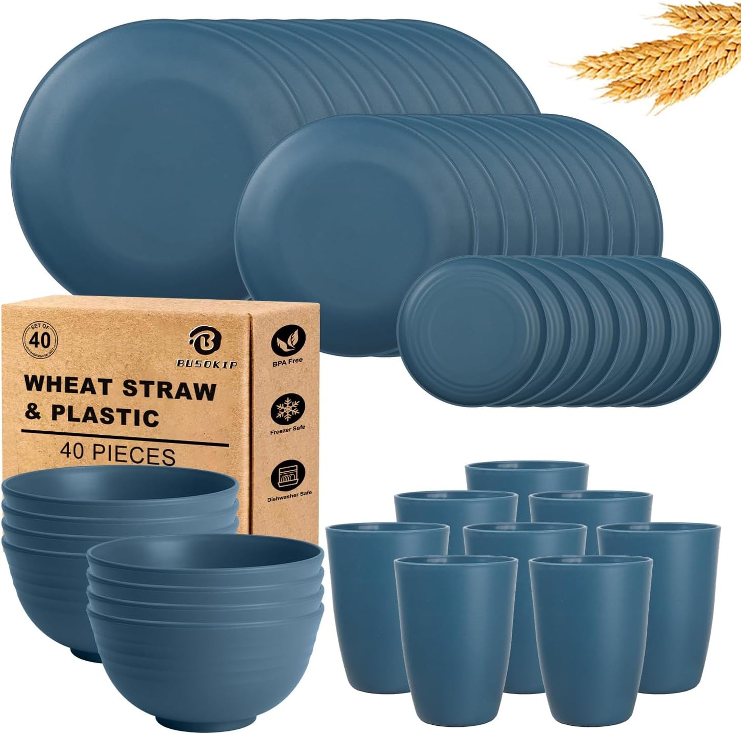 Wheat Straw Dishes Set 40 PCS, Unbreakable Dinnerware Set of 8 - Dinner Plates, Cereal Bowls, Water Cup, Lightweight, Reusable, Microwave & Dishwasher Safe Bowls for Kitchen and Outdoor - Blue