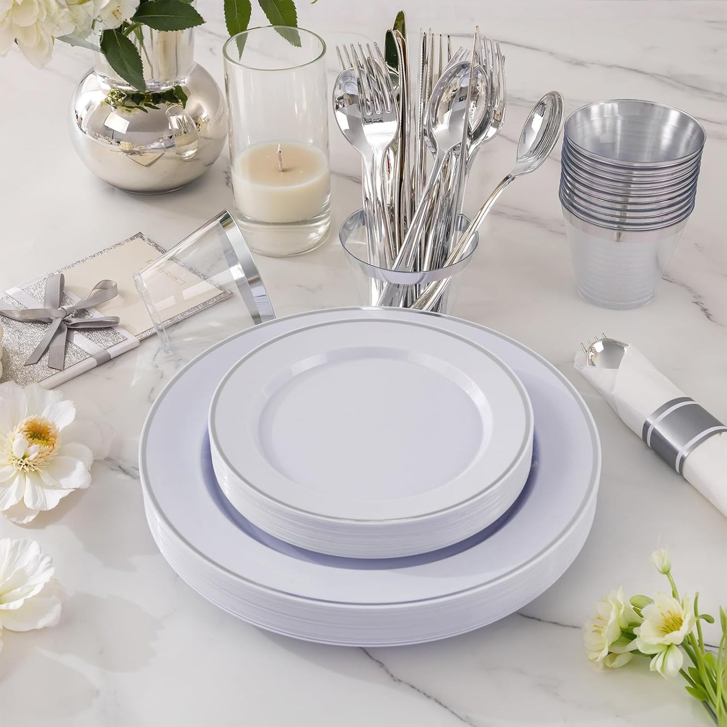 SUT 175 Pcs Silver Plastic Dinnerware Set for 25 Guests, Include: 25 Dinner Plates, 25 Dessert Plates, 25 Pre Rolled Napkins With Silver Silverware, 25 Cups, Disposable Plates for Wedding, Party