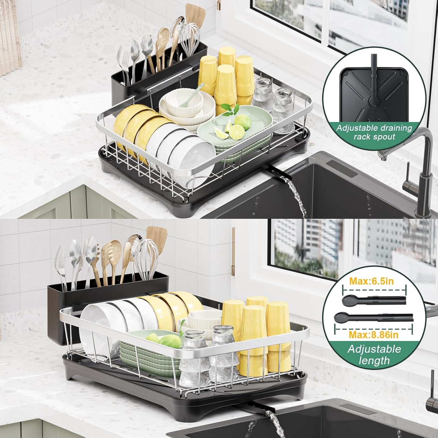 LIYI Dish Rack for Kitchen Counter,Stainless Steel Drying Rack,304 Stainless Steel with Drainage Plate,Large Capacity Utensil Storage System,Intelligent Drainage and Deflector Structure,Black