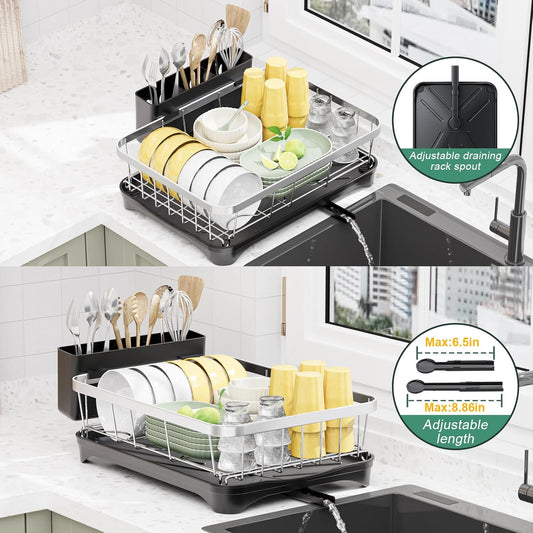 LIYI Dish Rack for Kitchen Counter,Stainless Steel Drying Rack,304 Stainless Steel with Drainage Plate,Large Capacity Utensil Storage System,Intelligent Drainage and Deflector Structure,Black