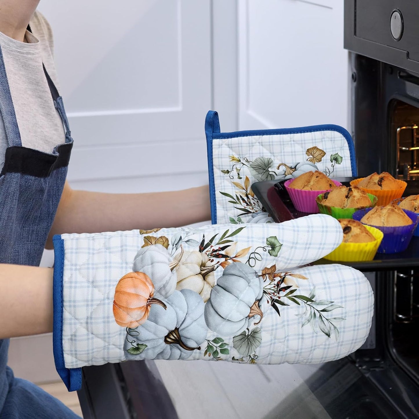 Blue Fall Pumpkin Oven Mitts and Pot Holders Sets 4Pcs, 100% Cotton Heat Resistant, Extra Long Oven Gloves Potholder for Thanksgiving Kitchen Cooking Baking Decoration