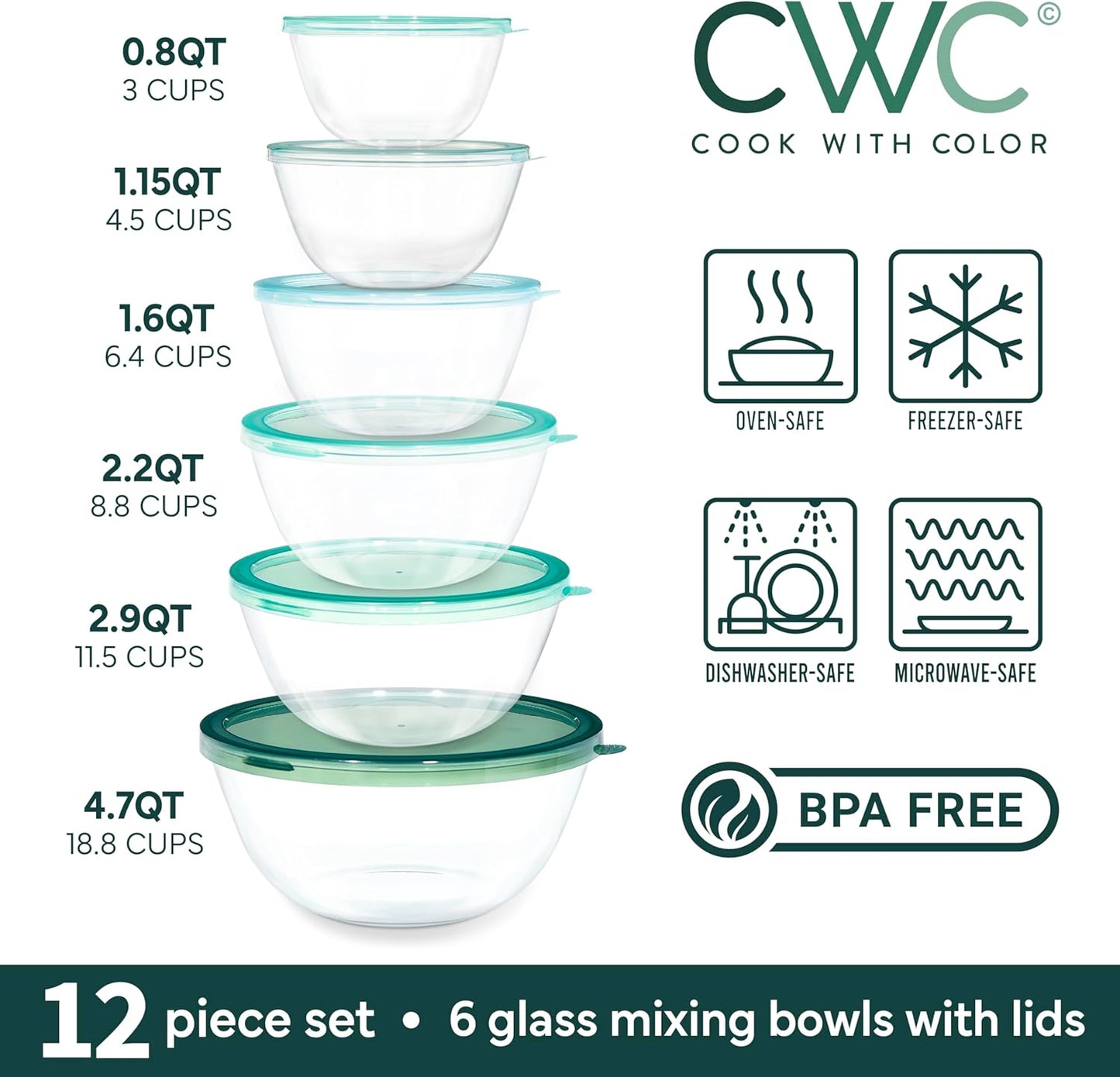COOK WITH COLOR 12 Pc Glass Mixing Bowl Set with Lids – Borosilicate Glass Nesting Bowls for Cooking, Baking and Meal Prep, Sage