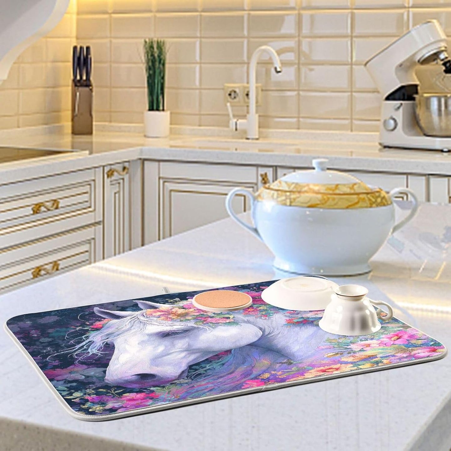 White Horse with Colorful Flowers Dish Drying Mat for Kitchen Counter Super Absorbent Dishes Pad Reversible Microfiber Protector Dish Draining Mats 16x18 inch
