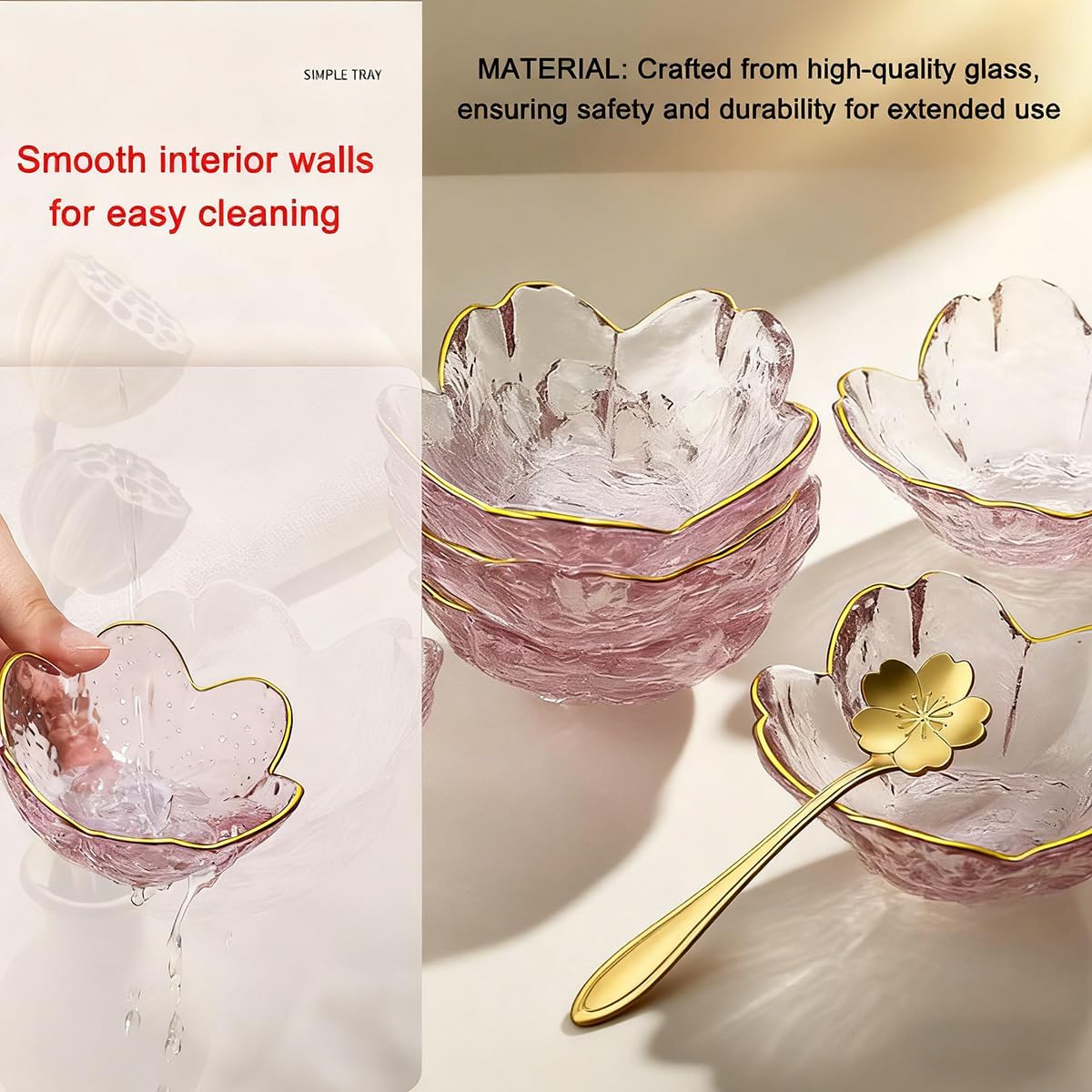 3 Pcs Pink Sakura Sauce Dishes Set with Gold Trim, Glass Cherry Blossom Dipping Bowls with Metal Spoons, Small Condiment Dishes for Soy Sauce, Sushi, Snacks, and Party Appetizers