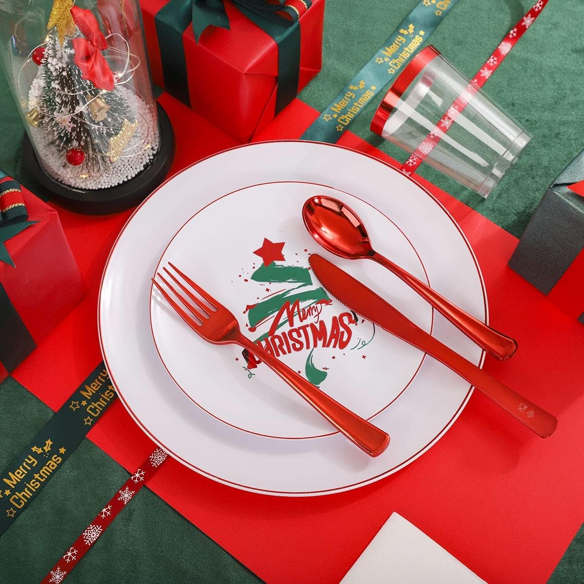 WDF 175pcs Christmas Plates Dinnerware - 25 Guests Unquie Desgin Red Plastic Plates with Green Christmas Tree Pattern, Red Plastic Cutlery, Clear Red Cups and Christmas Tree Napkins