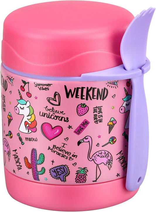 10oz Soup Thermo for Hot Food Kids Insulated Food Jar,Thermo Hot Food Lunch Container, Width Mouth Stainless Steel Lunch Box for Kids with Spoon (Pink-flamingo)