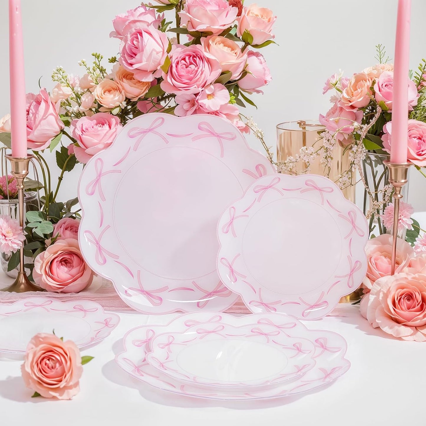 LIYH 60 Pcs Pink Plastic Plates for Party Bow Plates - Pink Porcelain Scalloped Plastic Plate Disposable Heavy Duty for Wedding Bridal Shower Floral Dinnerware Set - 10.25" Dinner & 7.5" Dessert Plate