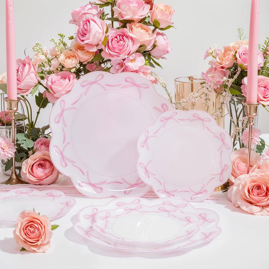 LIYH 60 Pcs Pink Plastic Plates for Party Bow Plates - Pink Porcelain Scalloped Plastic Plate Disposable Heavy Duty for Wedding Bridal Shower Floral Dinnerware Set - 10.25" Dinner & 7.5" Dessert Plate