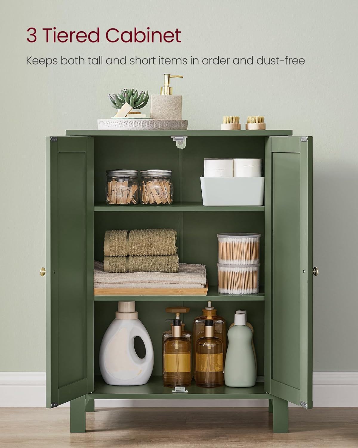 VASAGLE Floor Storage Cabinet, Freestanding Storage Unit with 2 Adjustable Shelves, for Bathroom Living Room Dining Kitchen, 11.8 x 23.6 x 31.5 Inches, Forest Green UBCB060C01