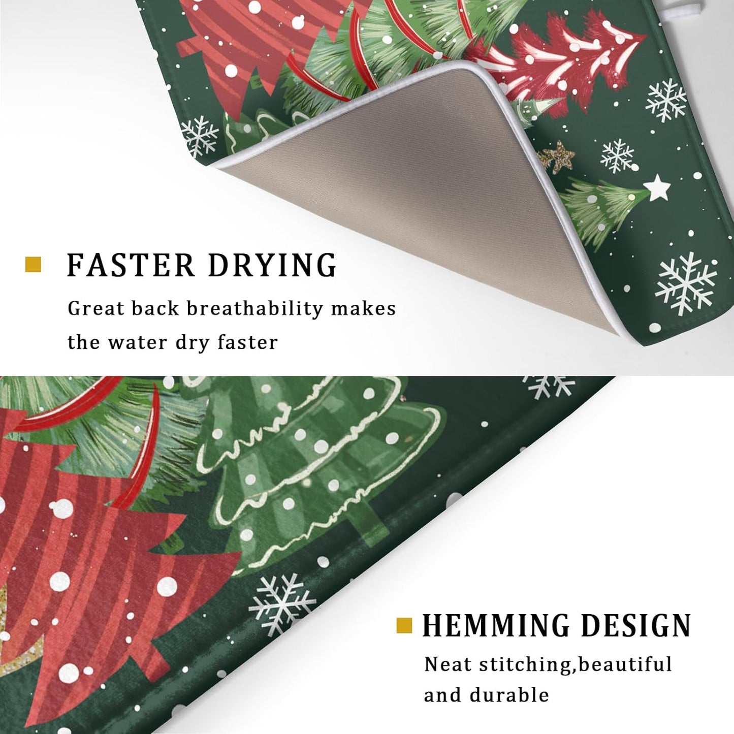 Christmas Dish Drying Mats 18x24, Farmhouse Gold Red Xmas Pine Trees Winter Holiday Washable Microfiber Absorbent Dishes Drainer Rack Pad for Coffee Machine Bar Sink Counter