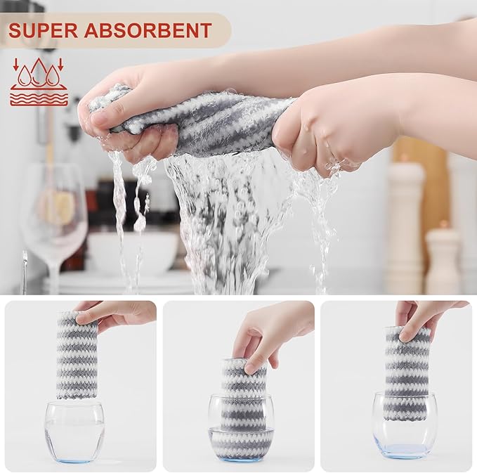 Homaxy Kitchen Towels(12 Pack, 10 x 20 inches), Ultra Soft and Absorbent Dish Towels, Reusable Fast Drying Microfiber Cleaning Cloth, Coral Velvet Wave Design No-lint, Grey