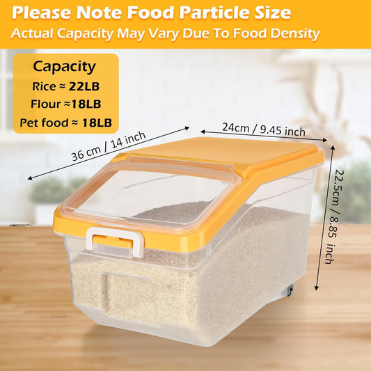 Sunnyray 4 Pcs Rice Storage Container 22 lb Airtight Flour Container with Wheels Measuring Cup Clear Pet Dog Cat Birds Food Bin Grain Cereal Organizer Box for Dry Baking Supplies(Yellow Lid)