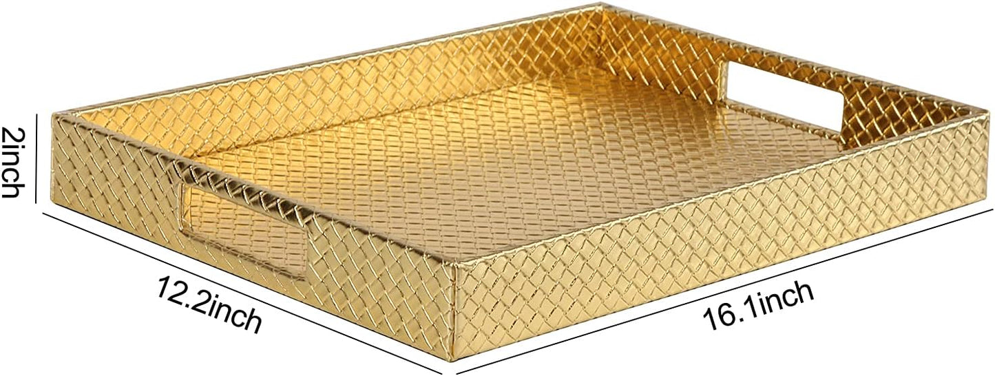 HofferRuffer Rectangle Serving Tray with Hole Handles for Coffee Table, Breakfast, Tea, Food, Butler - Countertop, Kitchen, Vanity Serve Tray, 16.2 x 12.2 x 2 inches, Faux Leather (Gold)