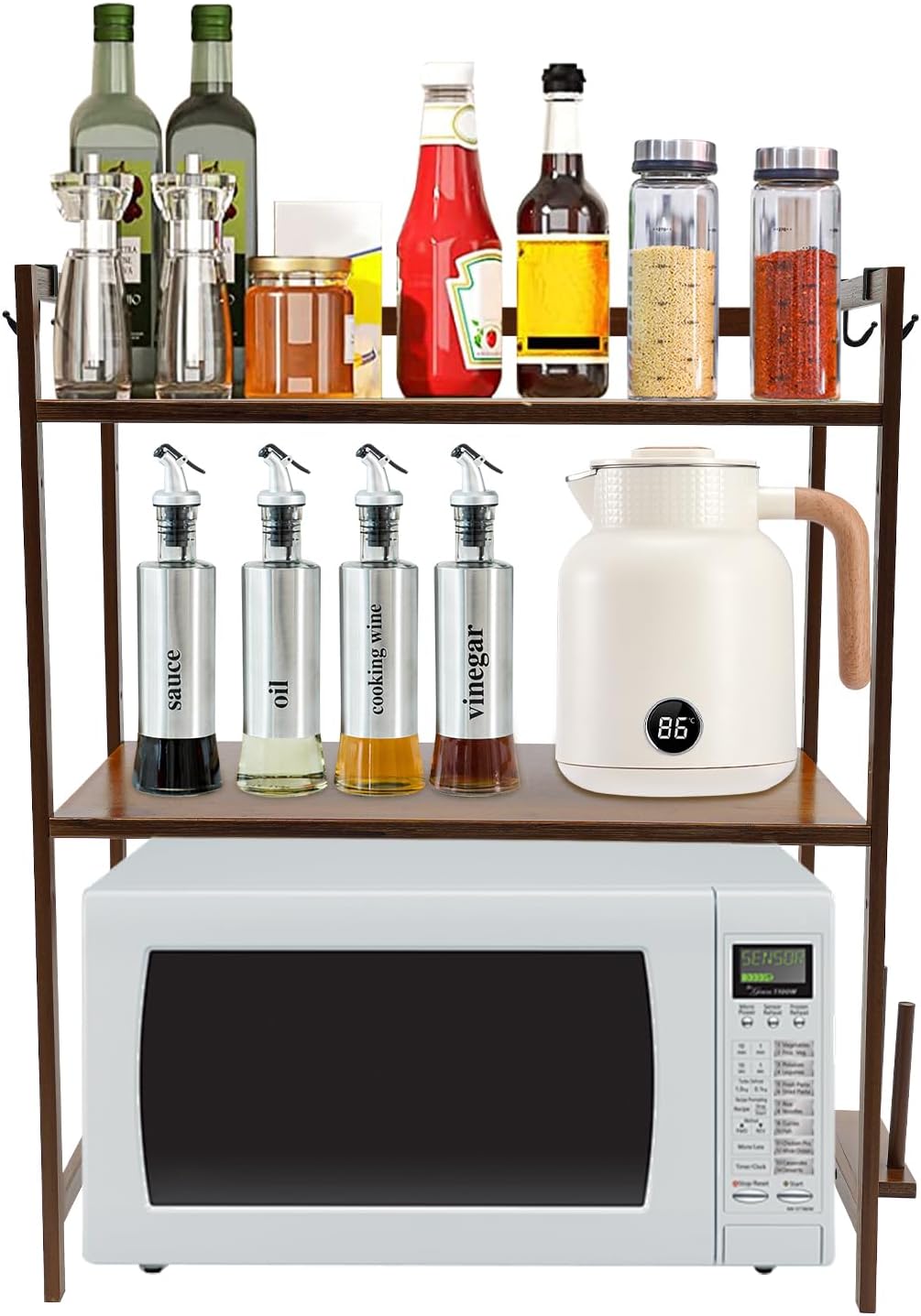 Shelves Organizers for Kitchen,2-Tier Bamboo Kitchen Countertop Organizer Shelves with 4 Hooks,Kitchen Storage Rack Countertop,Spice Rack Organizer,Bathroom Countertop Organizers and Storage,Tawny