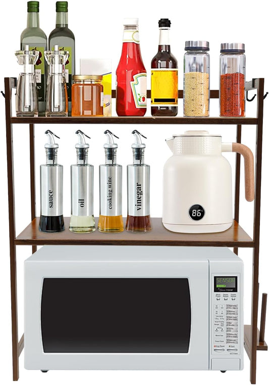 Shelves Organizers for Kitchen,2-Tier Bamboo Kitchen Countertop Organizer Shelves with 4 Hooks,Kitchen Storage Rack Countertop,Spice Rack Organizer,Bathroom Countertop Organizers and Storage,Tawny