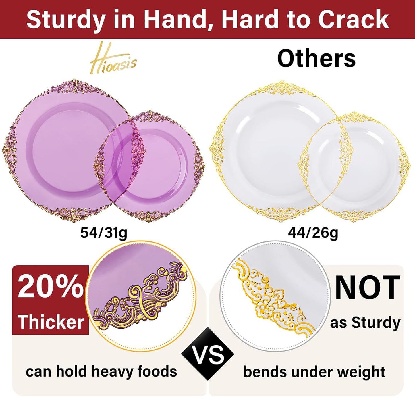 Hioasis 210pcs Purple and Gold Plastic Plates - Elegant Disposable Dinnerware Set Suitable for 30 Guests Include 10.25 Dinner & 7.5 Dessert Plates, Pre Rolled Silverware Set, Cups for Party & Wedding