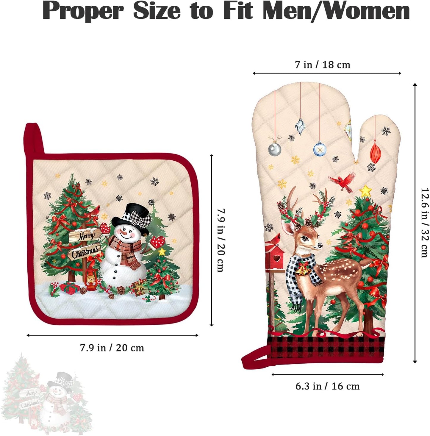 Christmas Deer Snowman Oven Mitts and Pot Holders Sets 4Pcs, 100% Cotton Heat Resistant, Extra Long Oven Gloves Potholder for Kitchen Cooking Baking Decoration