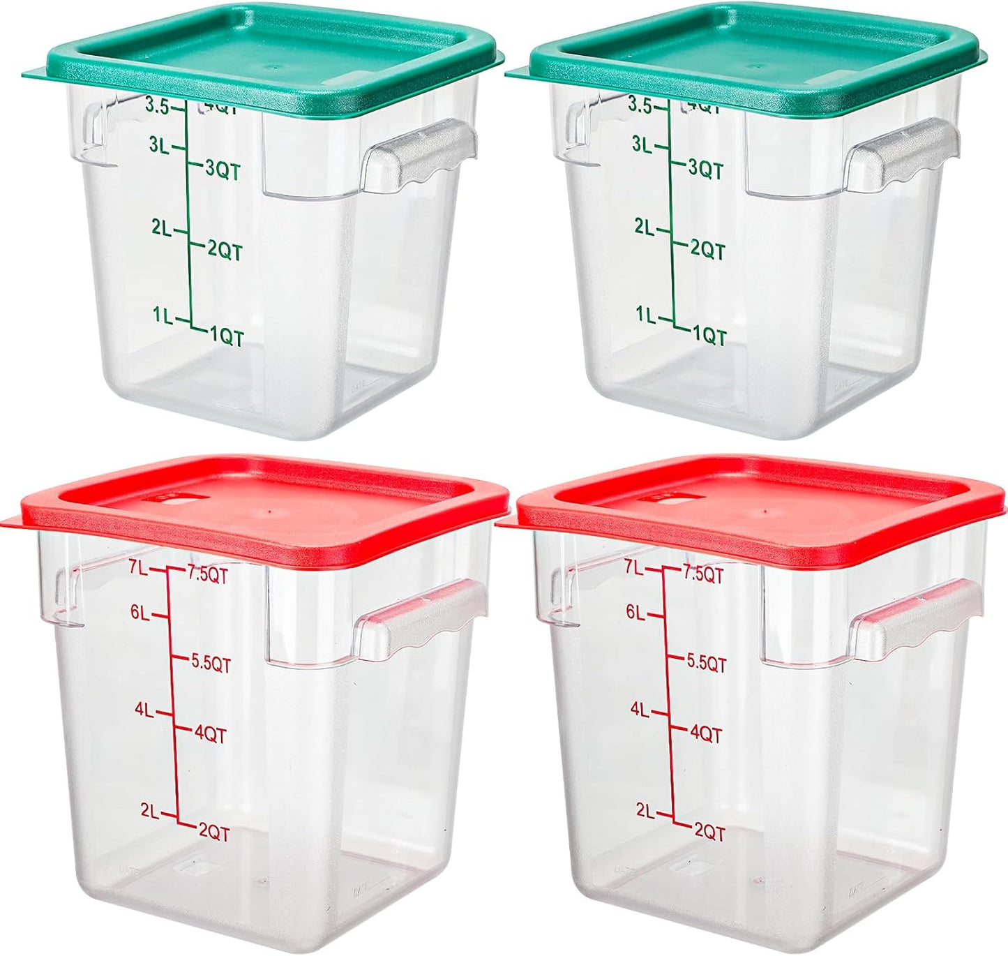 Lallisa 4 Pcs 8 Qt and 4 Qt Clear Food Storage Containers with Lids, Handles and Scales, Commercial Grade Square Containers Polycarbonate Air Tight for Home Storage Kitchen Restaurant(Red, Green)
