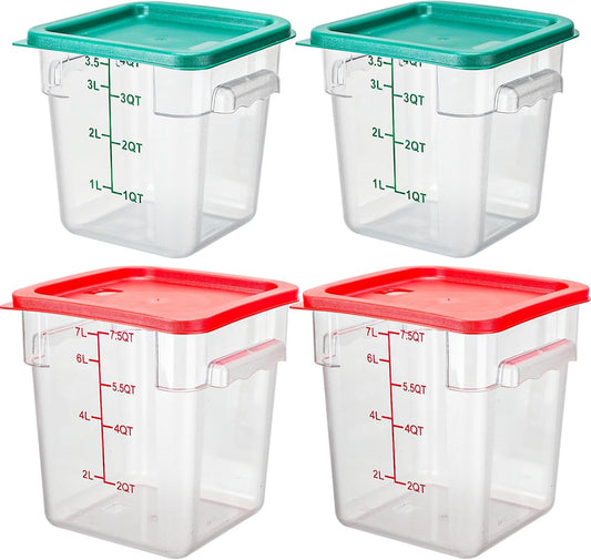 Lallisa 4 Pcs 8 Qt and 4 Qt Clear Food Storage Containers with Lids, Handles and Scales, Commercial Grade Square Containers Polycarbonate Air Tight for Home Storage Kitchen Restaurant(Red, Green)