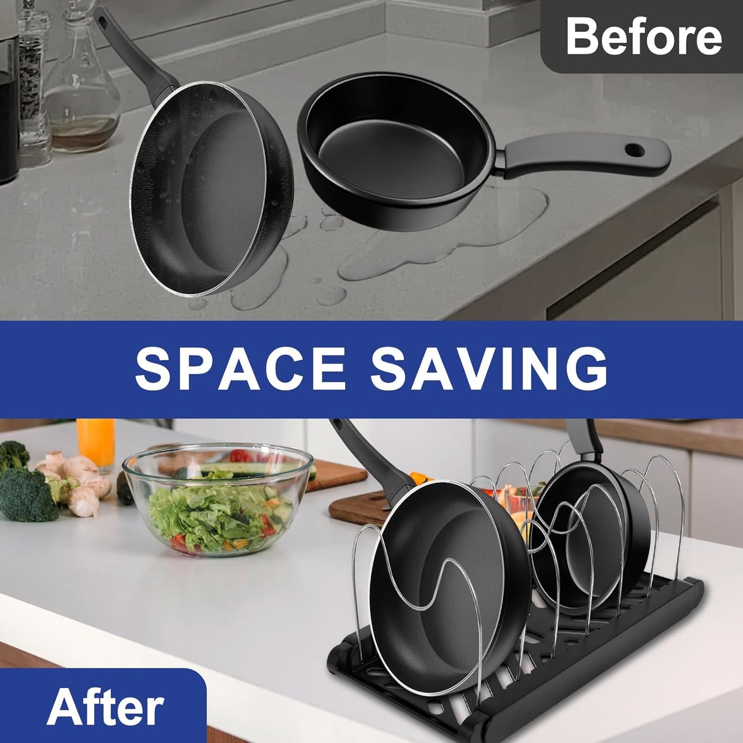 2Pack Pot and Pan Organizers Rack Multipurpose Anti Slip Pot Lid Holder Space Saving Cookware Baking Frying Rack Adjustable Cookware Baking Storage Holder for Kitchens (Black-2Pcs)