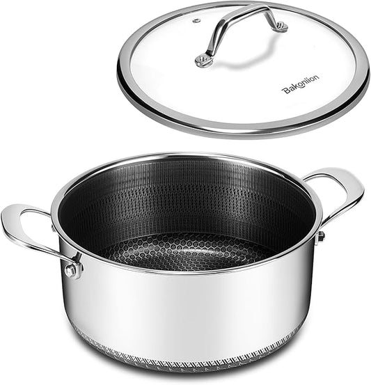 Hybrid Nonstick 5 QT Stockpot with Lid Two Handles, Stainless Steel Stockpot with Honeycomb Texture,Compatible with All Cooktops,Dishwasher and Oven Safe
