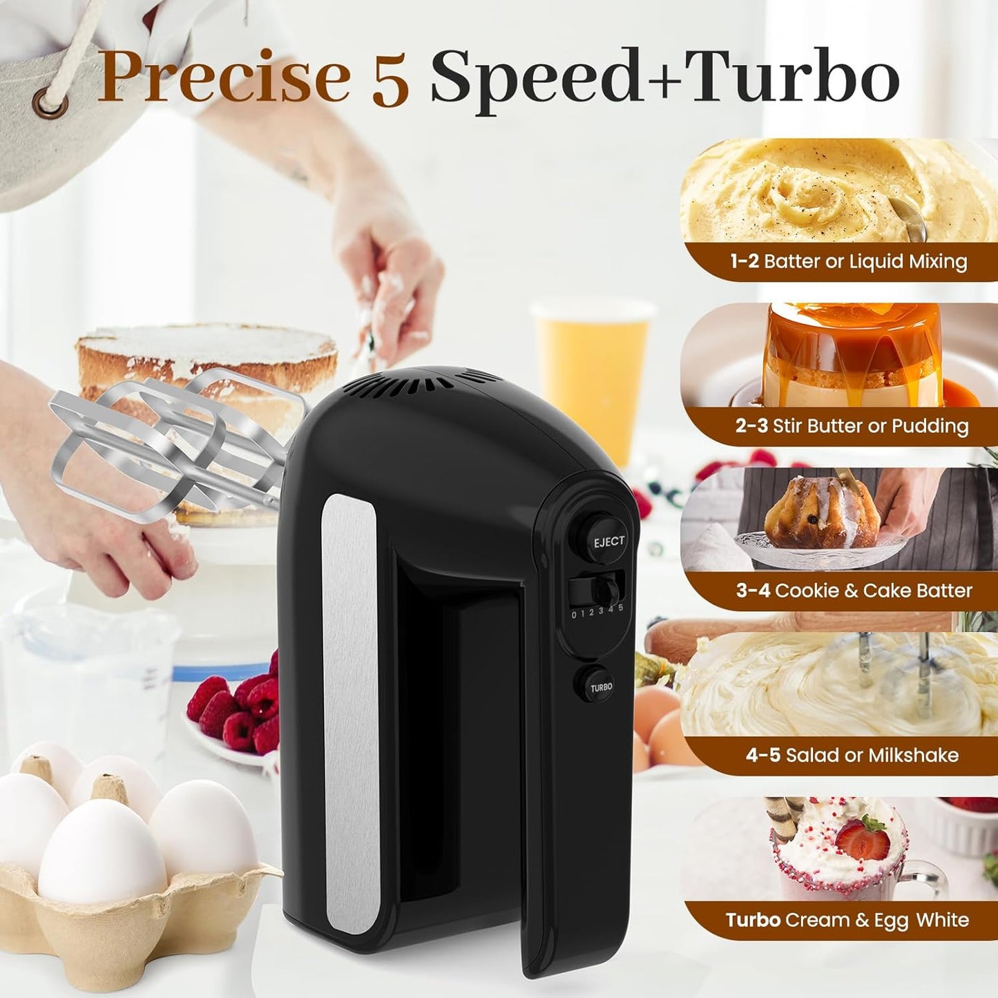 5-Speed Electric Hand Mixer, 800W Handheld Mixer with Turbo for Baking & Cooking, Kitchen Food Mixer with Storage Case & 6 Stainless Steel Attachments (2 Beaters, 2 Dough Hooks, 2 Whisks)-Black