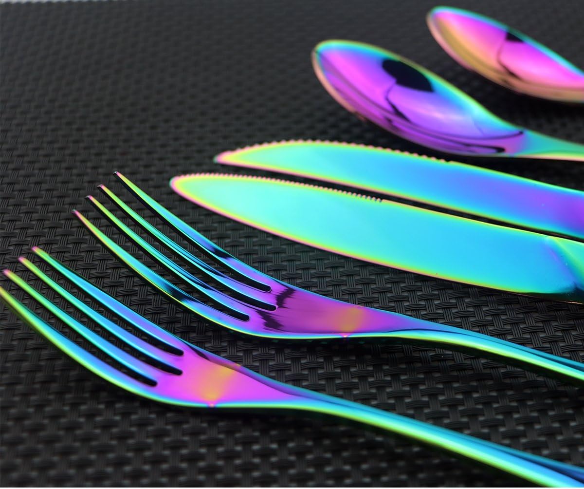 Flatware Set 18/10 Stainless Steel Mirror Polished Rainbow Colorful Cutlery - Silverware Utensil Set of Serrated Steak Knife Dinner Fork Knife Salad Fork Dessert Spoon,24 Piece Service for 4