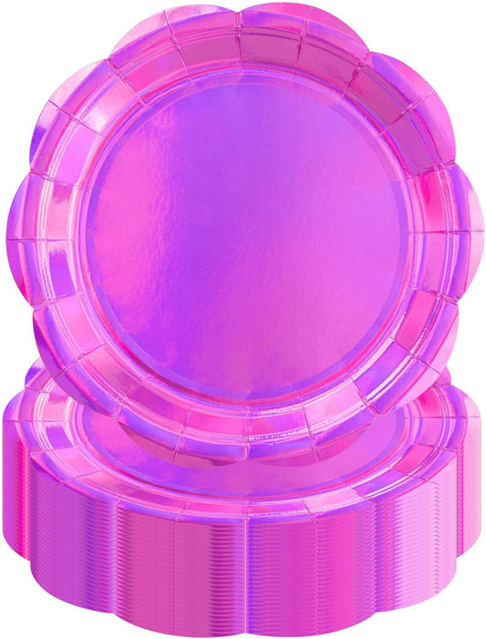 50PCS Iridescent Pink Paper Plates 7 Inch, Disposable Holographic Scalloped Plates Cake Dessert Plate for Mermaid Birthday Wedding Party Supplies (Iridescent Pink, 7 inch)