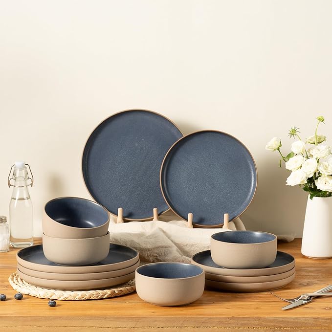 12 Pieces Dinnerware Sets,Plates and Bowls Sets,Handmade Reactive Glaze Dishes Set for 4 with at Least 10% Recycled Ceramic and the Raw Texture of the Clay (Reactive-Blue)