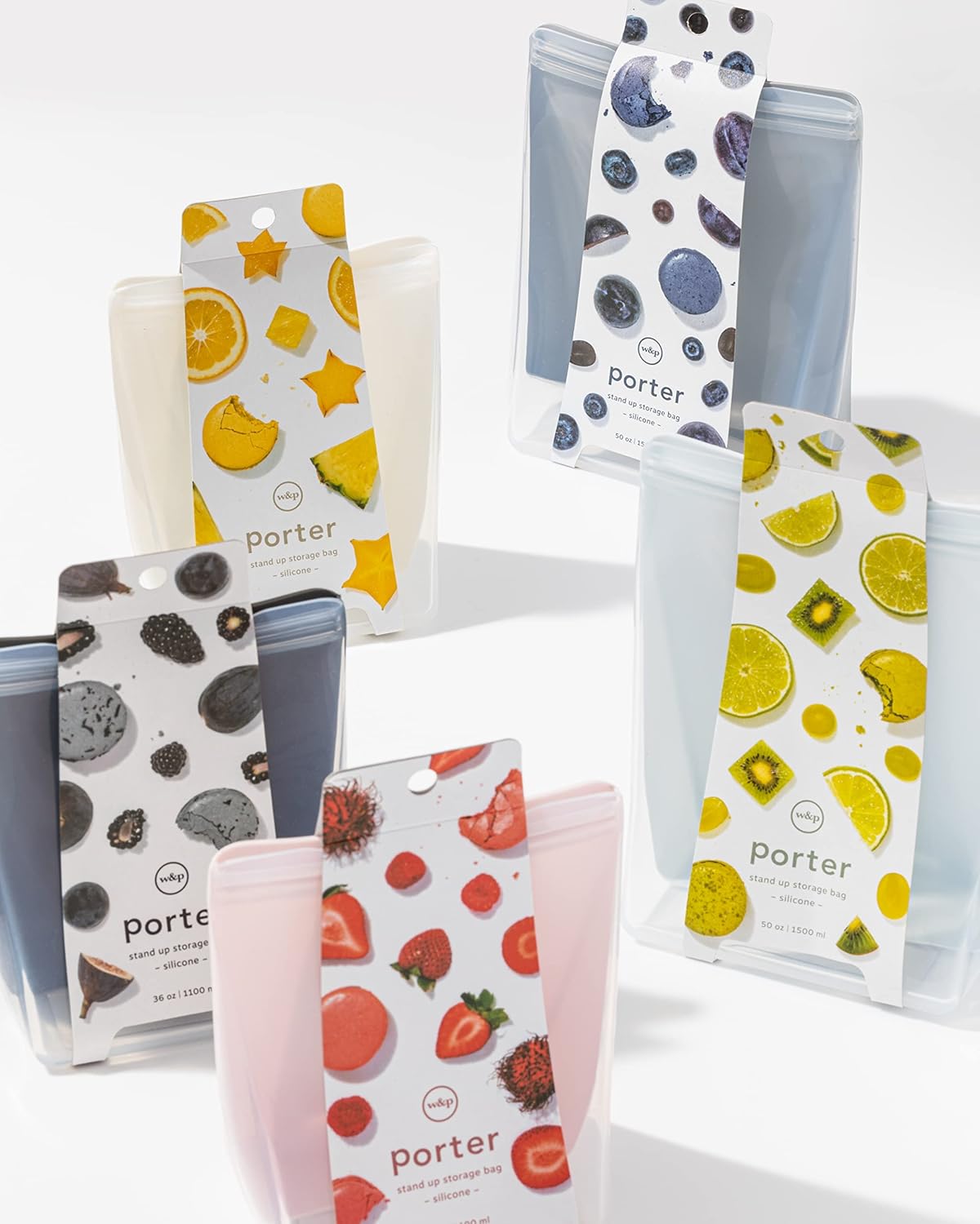 W&P Porter Silicone Reusable Storage Bags, Variety 5 Pack (10oz, 34oz, 46oz, 36oz, 50oz), Cream, Food Storage Container, Microwave and Dishwasher Safe, Easy Cleaning