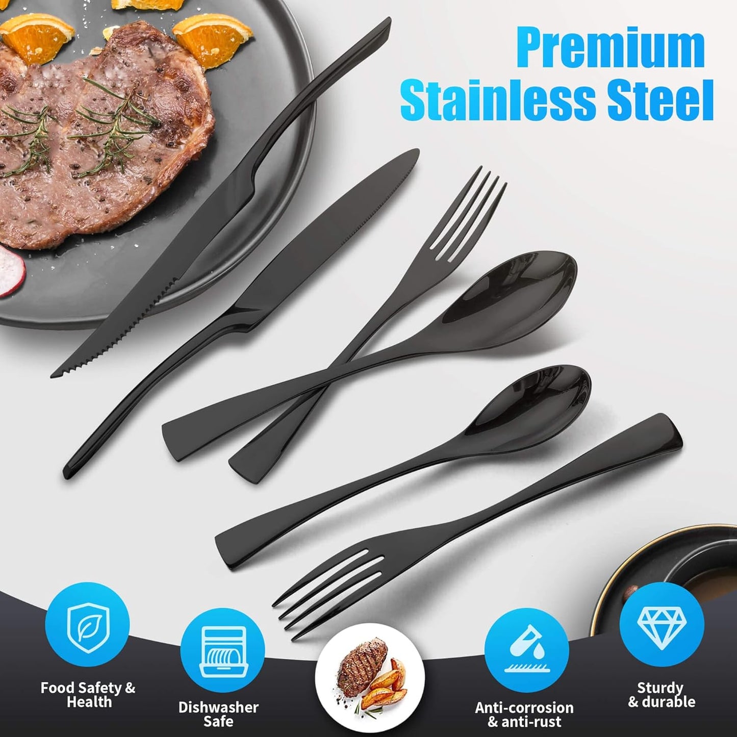 Lemeya 24-Piece Black Silverware Set with Steak Knives,Forged 18/10 Stainless Steel Cutlery Set for 4,Modern Heavy Duty Flatware Utensils Set,Fork Spoon and Knives Set, Mirror Polished,Dishwasher Safe
